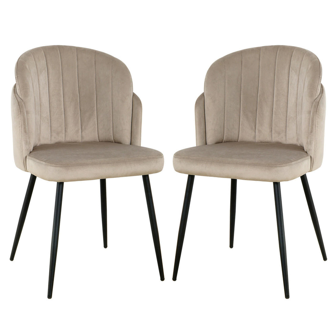 Scarlett Velvet Dining Chair Set of 2 in Warm Grey features padded, channel-stitched backs and seats in velvet, with slender black metal legs, embodying a modern/mid-century design.
