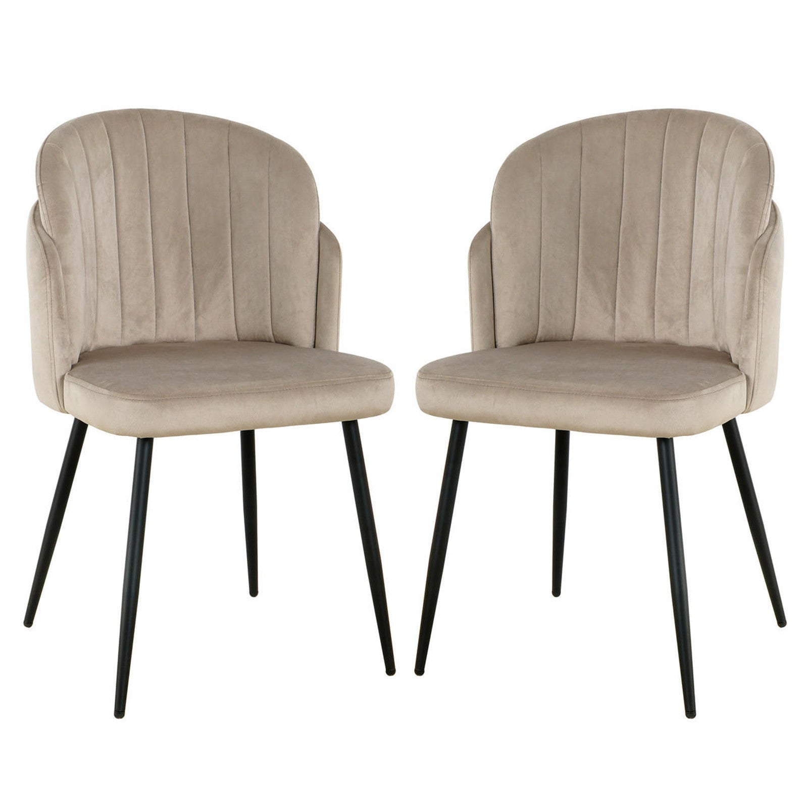 Scarlett Velvet Dining Chair Set of 2 in Warm Grey features padded, channel-stitched backs and seats in velvet, with slender black metal legs, embodying a modern/mid-century design.