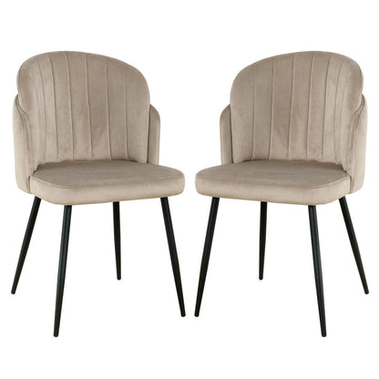 Scarlett Velvet Dining Chair Set of 2 in Warm Grey features padded, channel-stitched backs and seats in velvet, with slender black metal legs, embodying a modern/mid-century design.