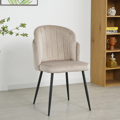 Scarlett Velvet Dining Chair Set of 2 in Warm Grey featuring a light beige/cream velvet fabric with vertical channel stitching, rounded back, padded seat, and black metal legs for a modern dining experience.