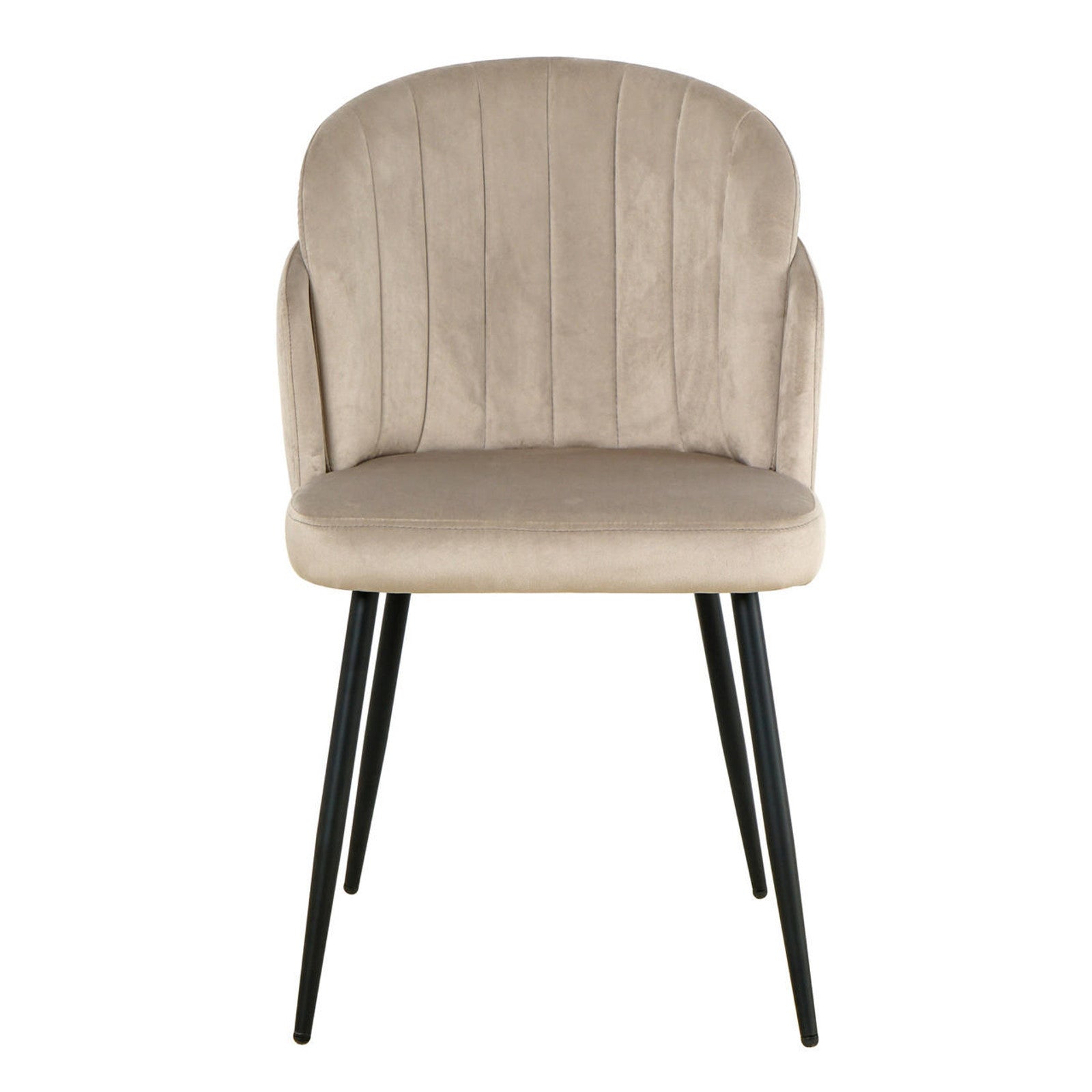 Scarlett Velvet Dining Chair Set of 2 in Warm Grey features a modern design with a padded, channel-stitched back and seat on slim black metal legs, offering dining elegance and comfort.