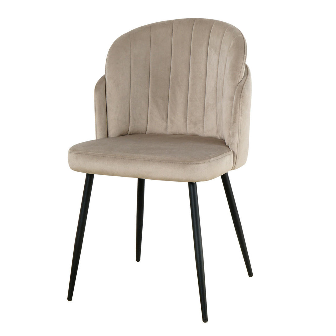 Scarlett Velvet Dining Chair Set of 2 in Warm Grey, featuring channel-stitched backrests, cushioned seats in light beige/taupe fabric, and slender black metal legs, offering modern elegance and comfort.