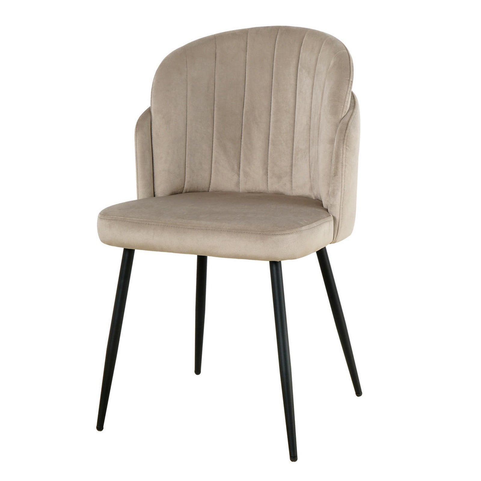 Scarlett Velvet Dining Chair Set of 2 in Warm Grey, featuring channel-stitched backrests, cushioned seats in light beige/taupe fabric, and slender black metal legs, offering modern elegance and comfort.