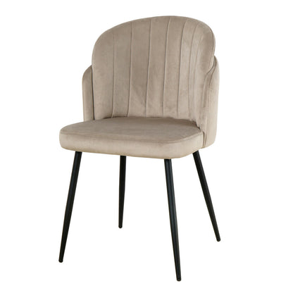 Scarlett Velvet Dining Chair Set of 2 in Warm Grey, featuring channel-stitched backrests, cushioned seats in light beige/taupe fabric, and slender black metal legs, offering modern elegance and comfort.