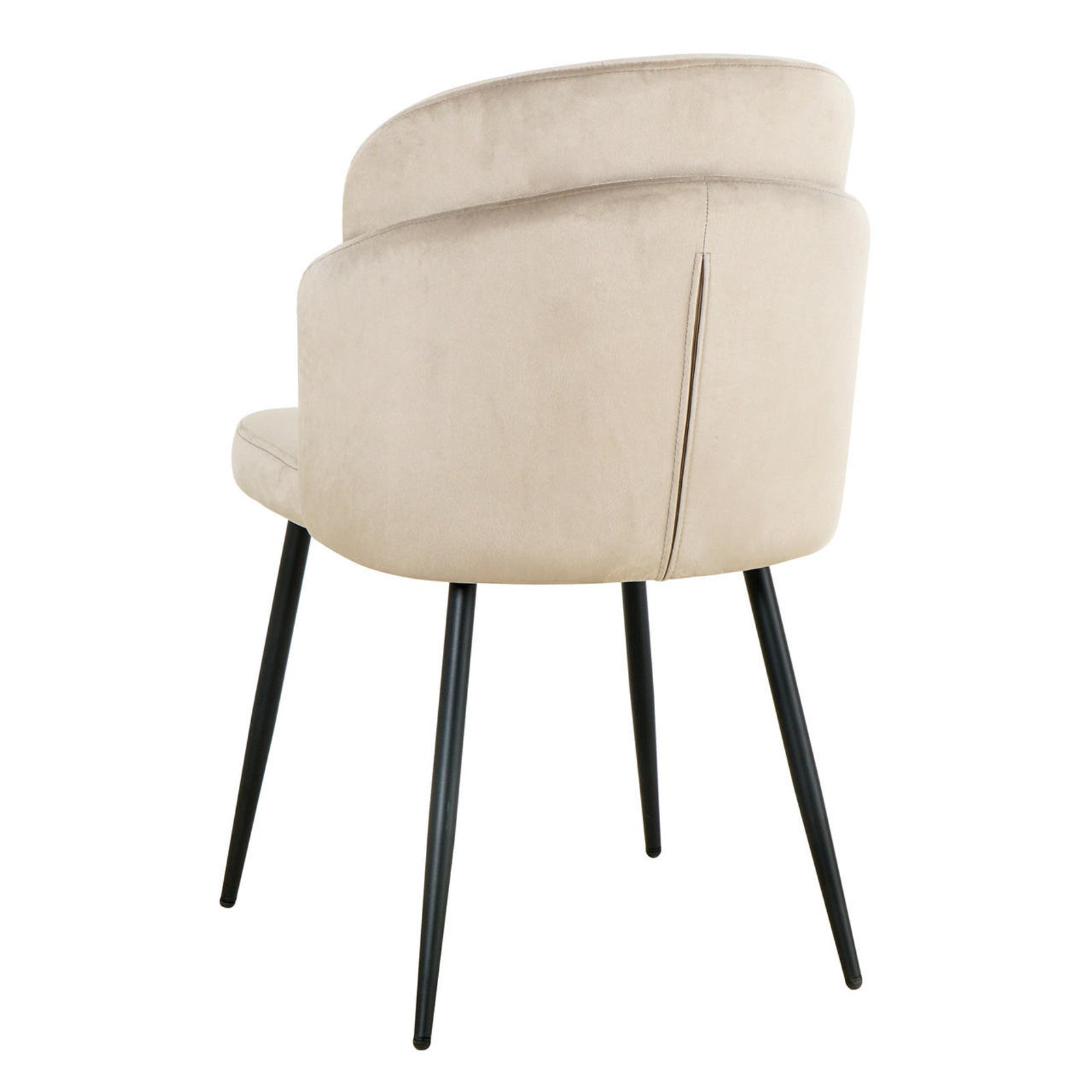 Scarlett Velvet Dining Chair Set of 2 in Warm Grey features a modern design with a low, curved back upholstered in plush fabric and supported by sleek black metal legs.