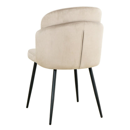 Scarlett Velvet Dining Chair Set of 2 in Warm Grey features a modern design with a low, curved back upholstered in plush fabric and supported by sleek black metal legs.