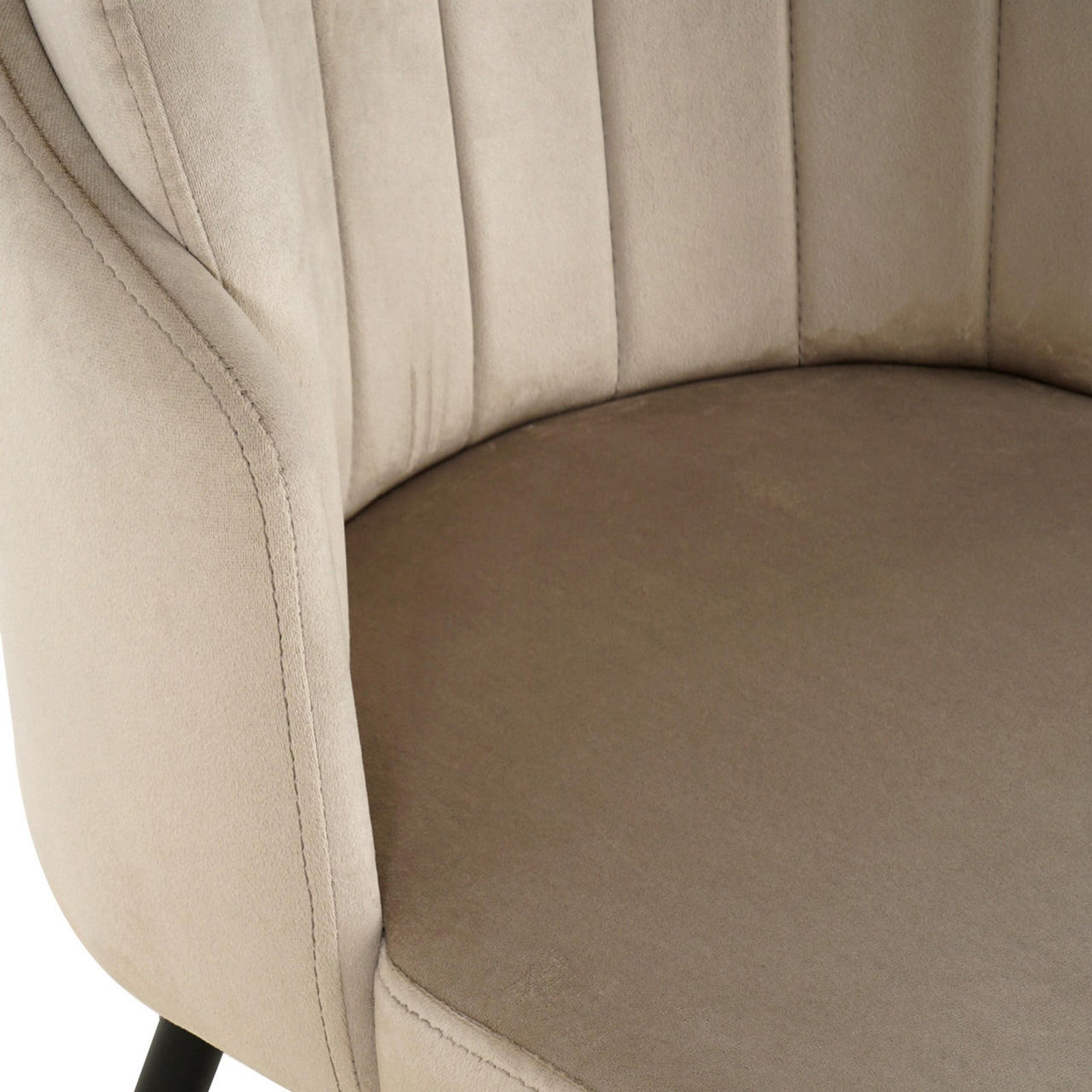 Scarlett Velvet Dining Chair Set of 2 in Warm Grey, featuring a plush channel-stitched backrest, rounded seat cushion, and sleek black metal legs for a modern, elegant dining experience.