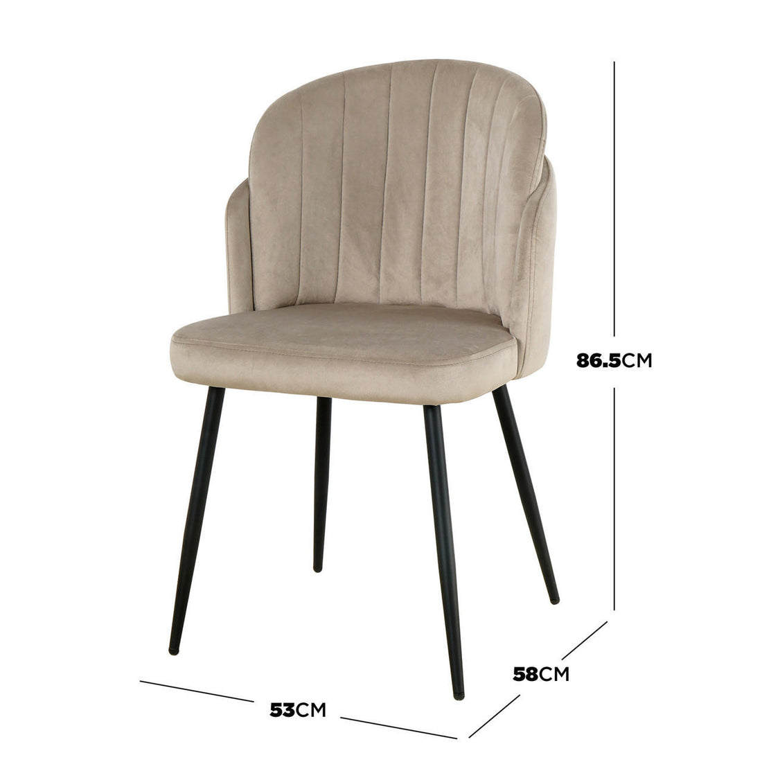 Scarlett Velvet Dining Chair Set of 2 in Warm Grey features a channel-stitched backrest, padded seat in velvet-like fabric, slim black metal legs, measuring 86.5 cm tall and 58 cm deep.
