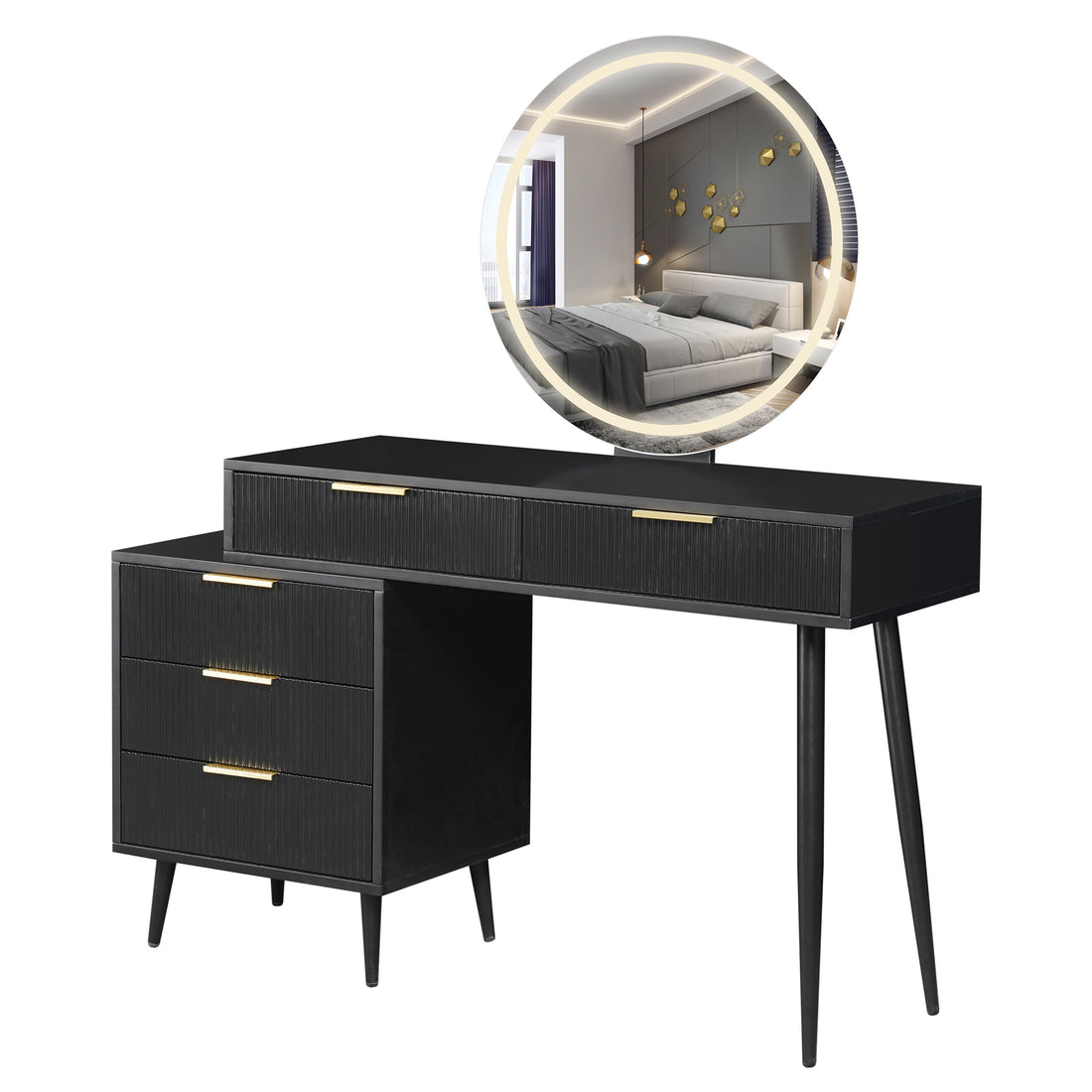 Serenity Makeup Vanity Table with LED Touch Mirror in Black features a matte black finish, round LED mirror, five drawers with brass handles, and sleek metal legs, offering elegance and functionality.