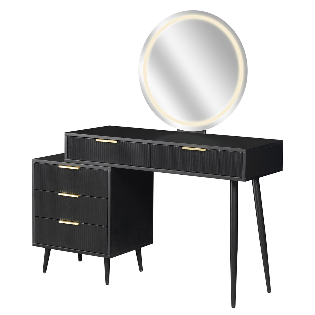 Serenity Makeup Vanity Table with LED Touch Mirror in Black features a matte black tabletop, gold-accented drawers, a vertical cabinet, sleek metal legs, and a glowing LED ring mirror.