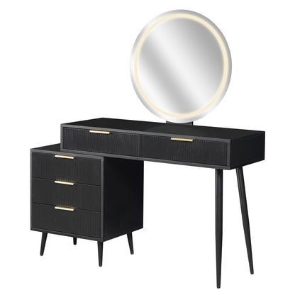 Serenity Makeup Vanity Table with LED Touch Mirror in Black features a matte black tabletop, gold-accented drawers, a vertical cabinet, sleek metal legs, and a glowing LED ring mirror.