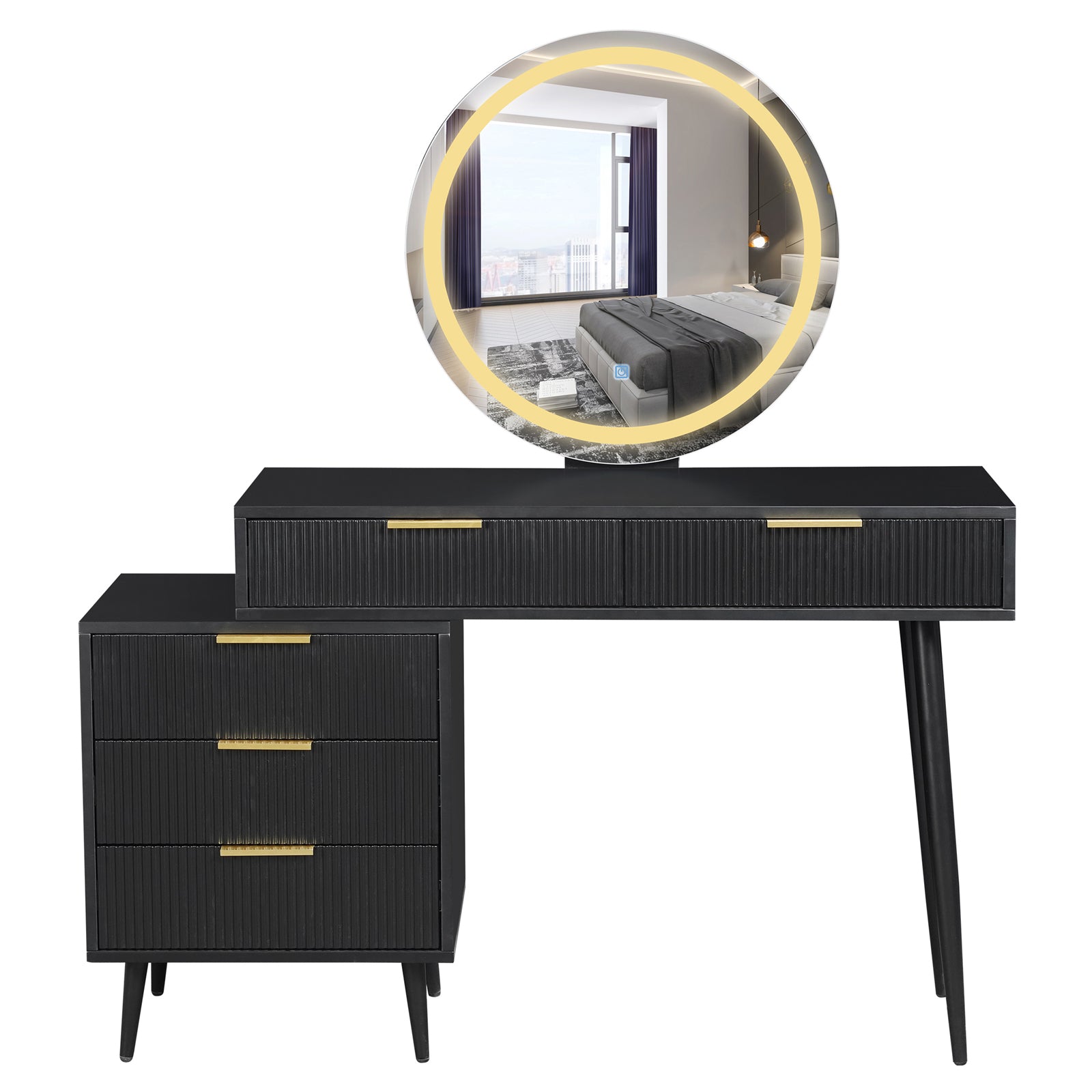 Serenity Makeup Vanity Table with LED Touch Mirror in Black, featuring a round, LED-lit mirror, stepped drawer layout, and sleek tapered legs, offers stylish functionality for modern beauty routines.