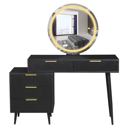 Serenity Makeup Vanity Table with LED Touch Mirror in Black, featuring a round, LED-lit mirror, stepped drawer layout, and sleek tapered legs, offers stylish functionality for modern beauty routines.