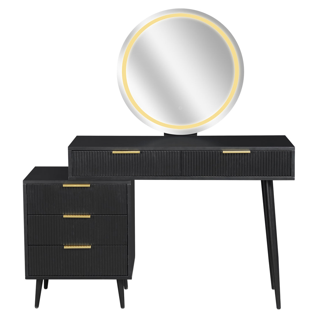 Serenity Makeup Vanity Table with LED Touch Mirror in Black features a sleek black desk with ribbed drawers, a round LED mirror, and sturdy tapered legs, embodying mid-century design elegance.