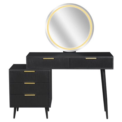 Serenity Makeup Vanity Table with LED Touch Mirror in Black features a sleek black desk with ribbed drawers, a round LED mirror, and sturdy tapered legs, embodying mid-century design elegance.