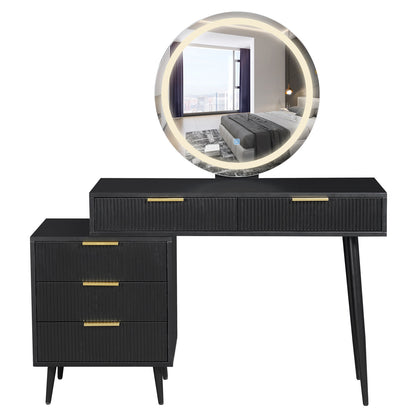 Serenity Makeup Vanity Table with LED Touch Mirror in Black features a circular LED mirror, three-drawer cabinet, central drawer, and slim tapered legs, combining modern elegance with practical storage solutions.