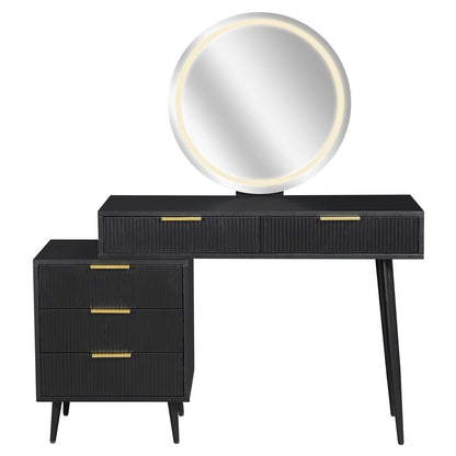 Serenity Dressing Table w/ Touch Screen Mirror LED Light - Black: A sleek black table with a round LED mirror and fluted drawers, ideal for makeup or skincare routines with adjustable lighting.