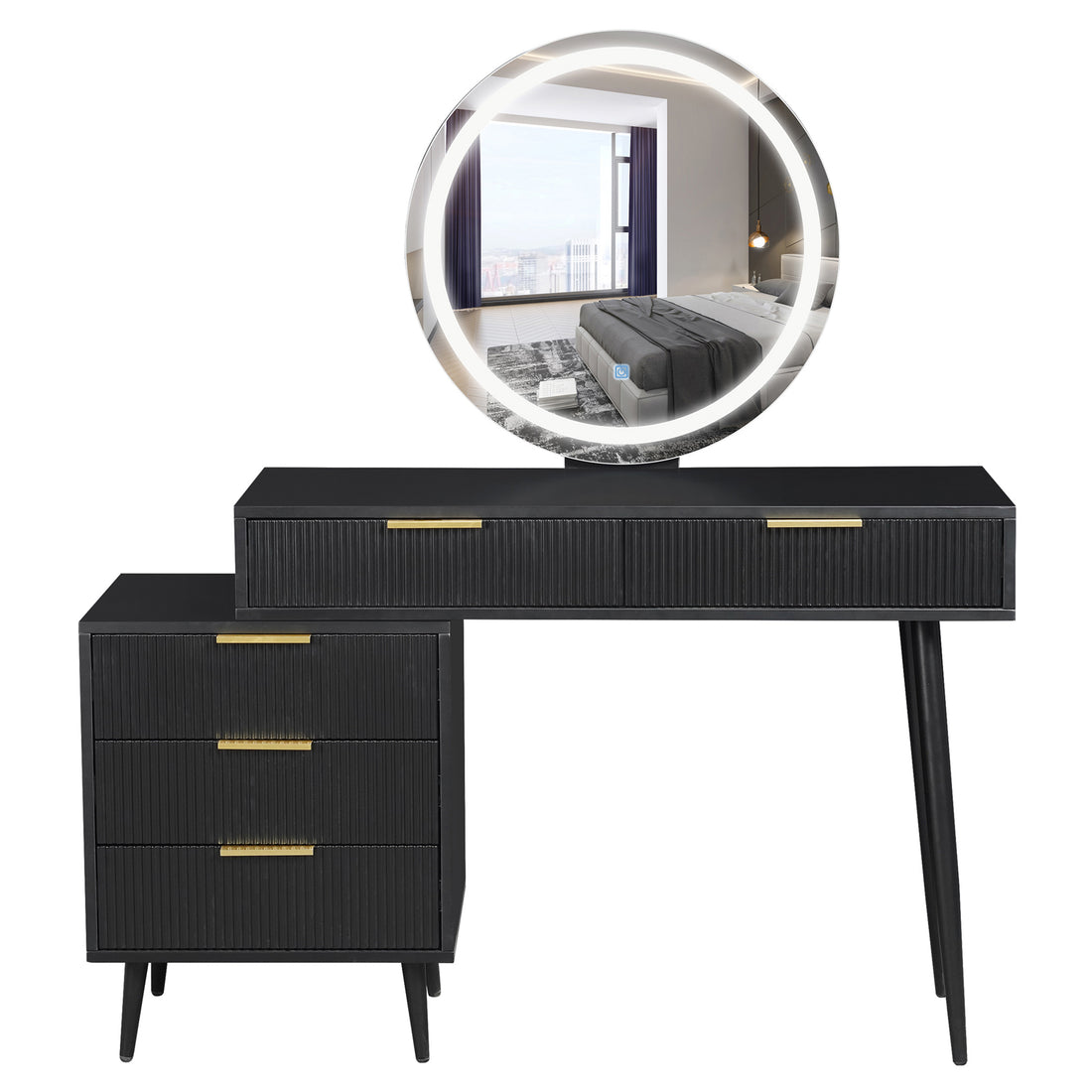 Serenity Makeup Vanity Table with LED Touch Mirror in Black features a matte finish, fluted drawers, tapered legs, and a large LED-lit mirror, perfect for elegant storage and grooming.