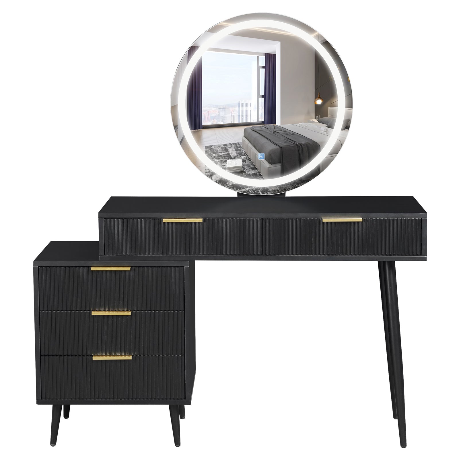 Serenity Makeup Vanity Table with LED Touch Mirror in Black features a matte finish, fluted drawers, tapered legs, and a large LED-lit mirror, perfect for elegant storage and grooming.