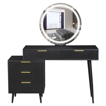 Serenity Makeup Vanity Table with LED Touch Mirror in Black features a matte finish, fluted drawers, tapered legs, and a large LED-lit mirror, perfect for elegant storage and grooming.