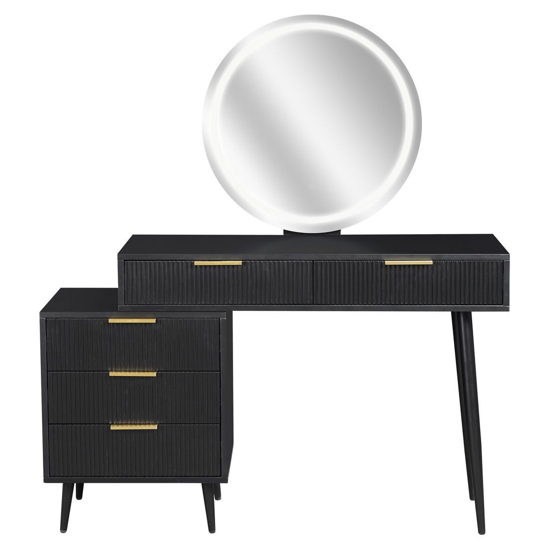 Serenity Makeup Vanity Table with LED Touch Mirror in Black features a grooved three-drawer cabinet and elongated desktop, with an illuminated round mirror and elegant gold-tone accents, offering modern style and functionality.