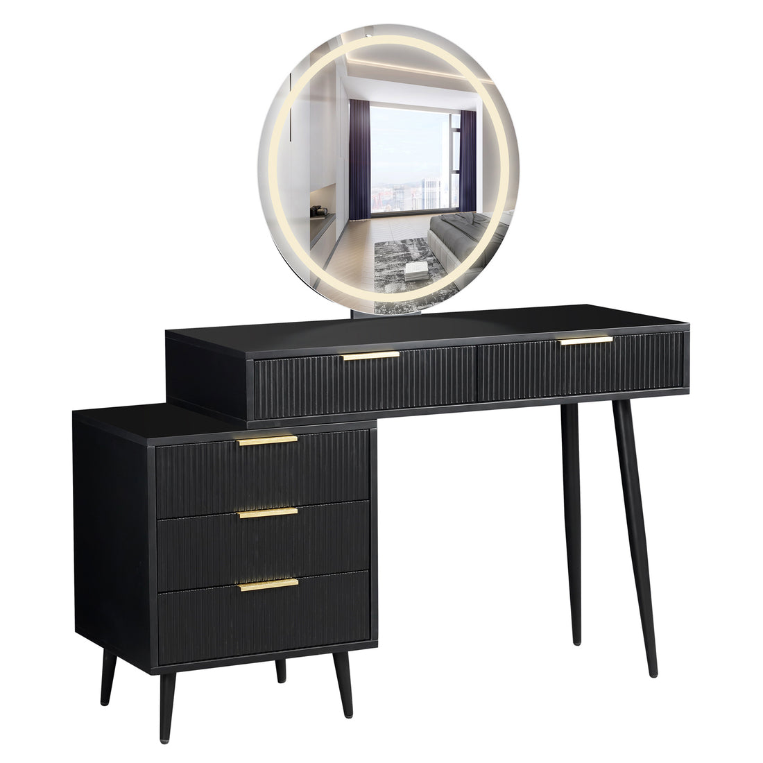 Serenity Makeup Vanity Table with LED Touch Mirror in Black features a ribbed drawer design, gold-tone handles, a 60cm illuminated round mirror, and sleek black finish with tapered legs.