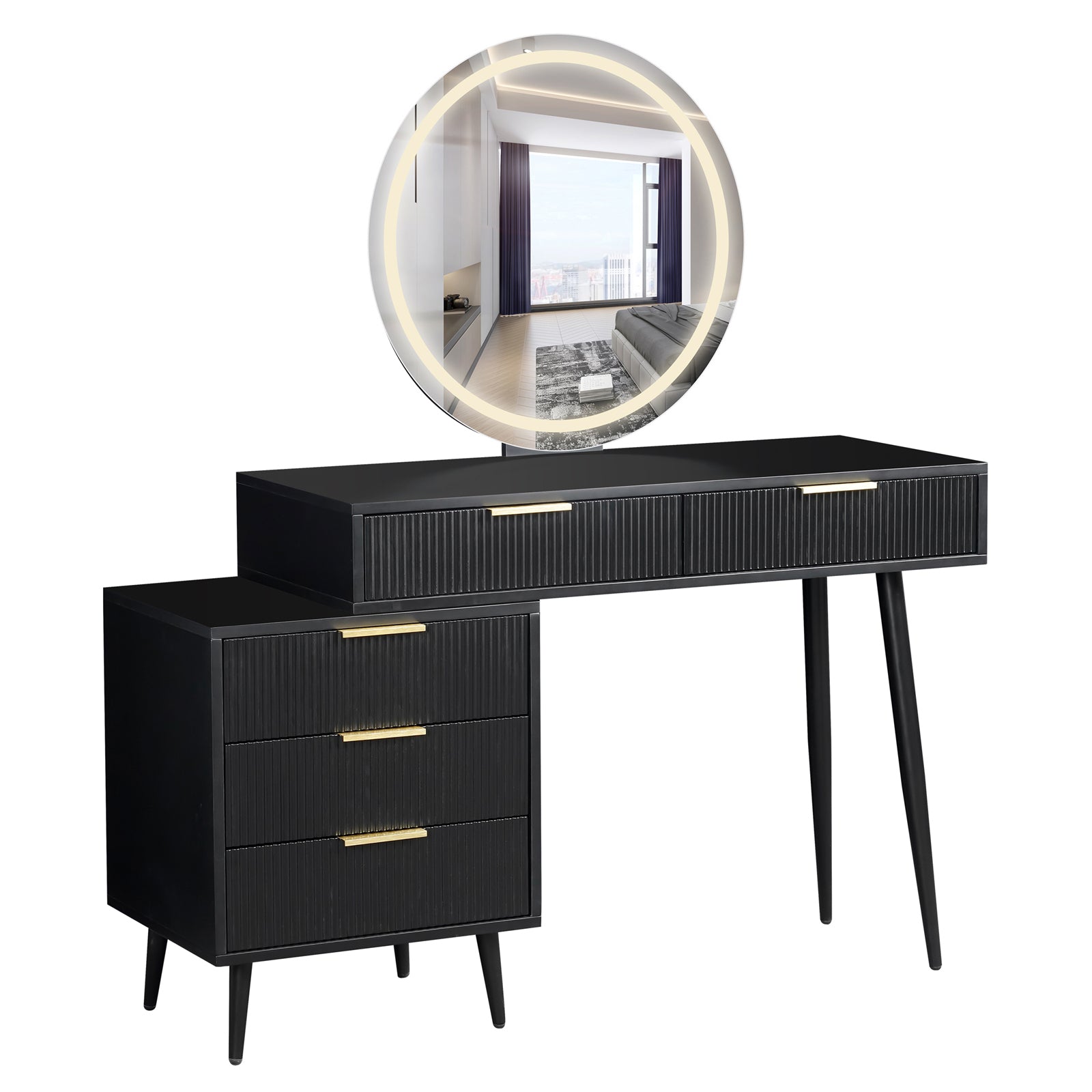 Serenity Makeup Vanity Table with LED Touch Mirror in Black features a ribbed drawer design, gold-tone handles, a 60cm illuminated round mirror, and sleek black finish with tapered legs.