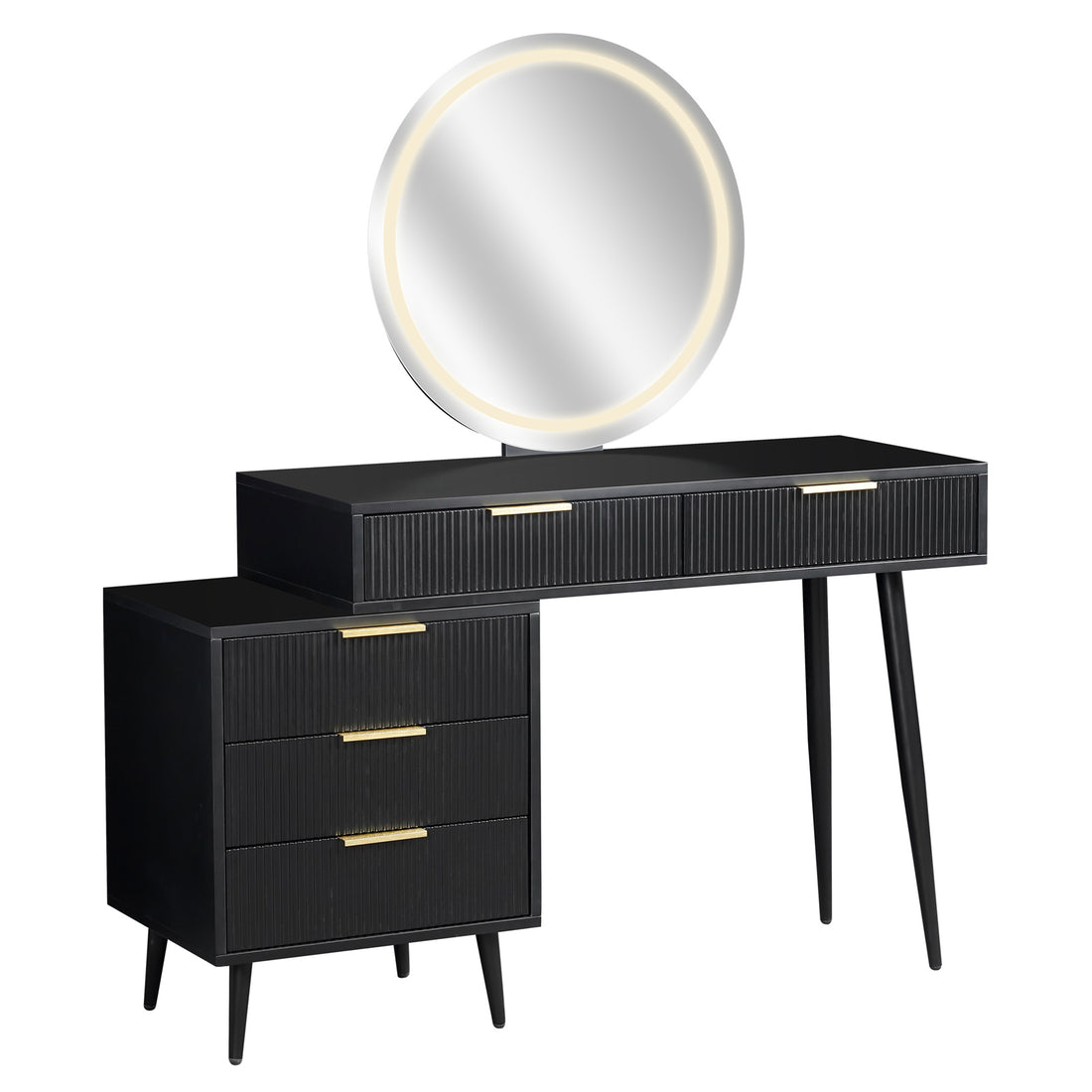 Serenity Makeup Vanity Table with LED Touch Mirror in Black features a matte black finish, round LED-lit mirror, fluted drawers with brass-tone handles, and sleek tapered legs for a modern look.