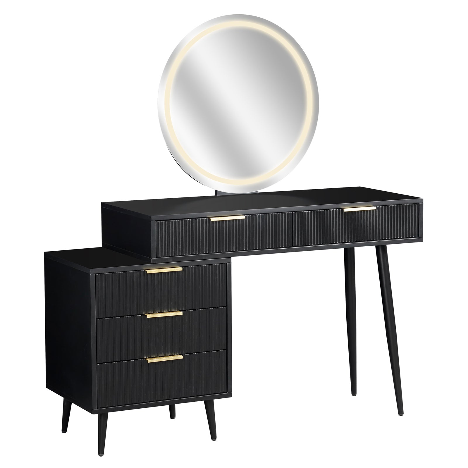 Serenity Makeup Vanity Table with LED Touch Mirror in Black features a matte black finish, round LED-lit mirror, fluted drawers with brass-tone handles, and sleek tapered legs for a modern look.