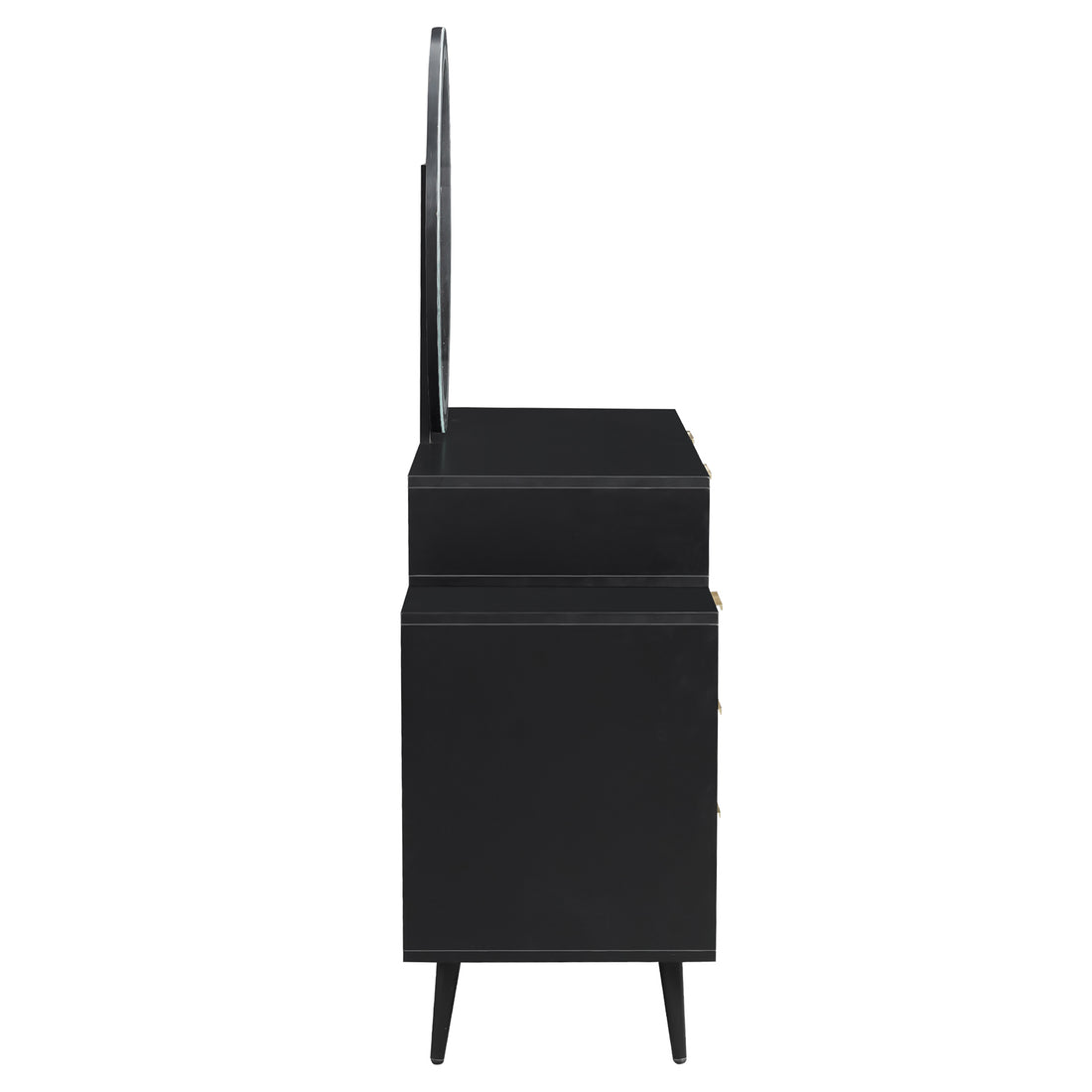 Serenity Makeup Vanity Table with LED Touch Mirror in Black features a tall, sleek design with two cabinet sections, gold-tone hardware, tapered legs, and a round LED mirror on top.