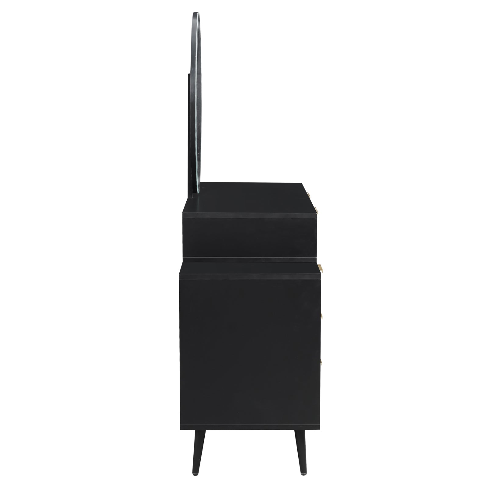 Serenity Makeup Vanity Table with LED Touch Mirror in Black features a tall, sleek design with two cabinet sections, gold-tone hardware, tapered legs, and a round LED mirror on top.