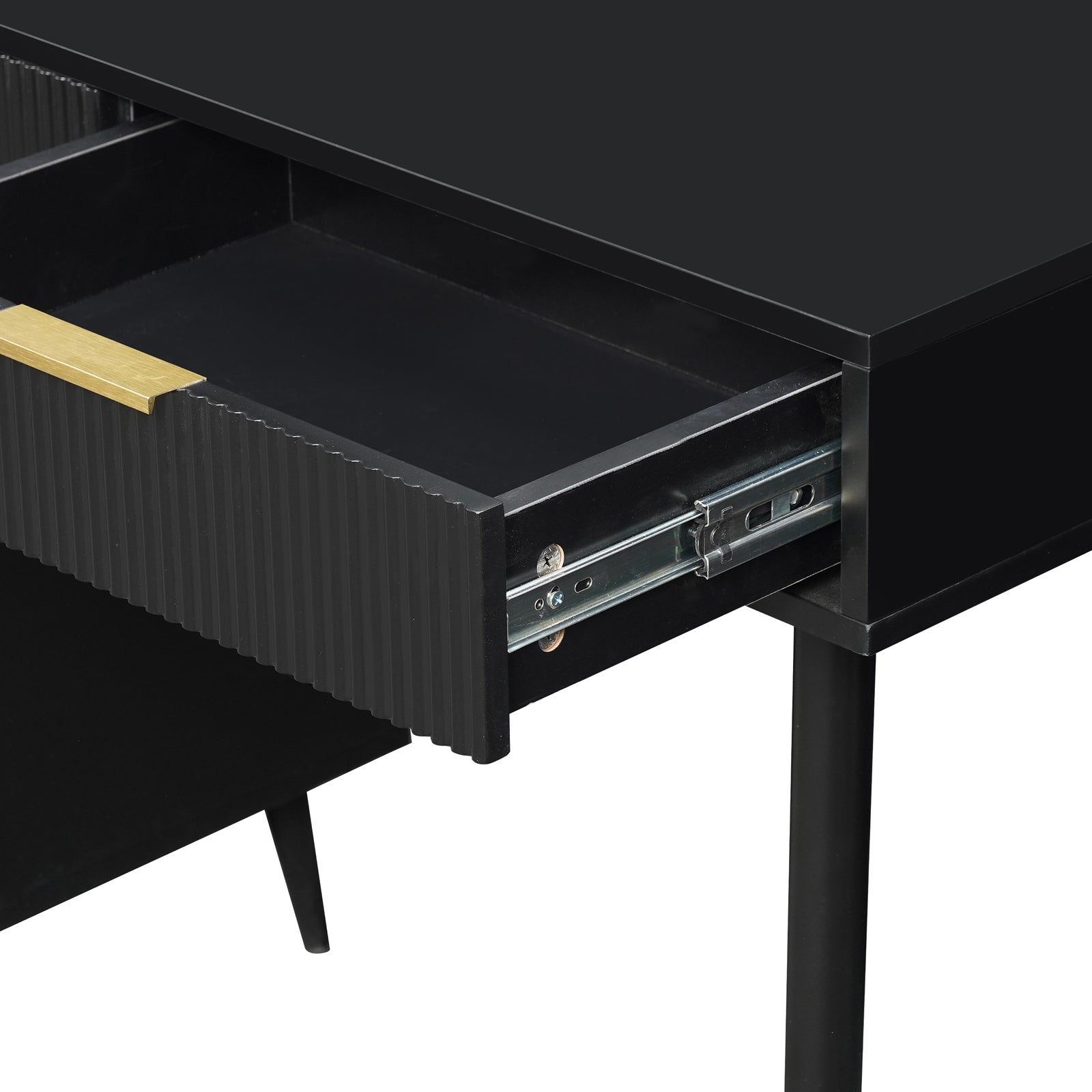 Close-up of the Serenity Makeup Vanity Table with LED Touch Mirror in Black, highlighting a partially open, ribbed-textured drawer with a brass accent handle on metal slide-rails.