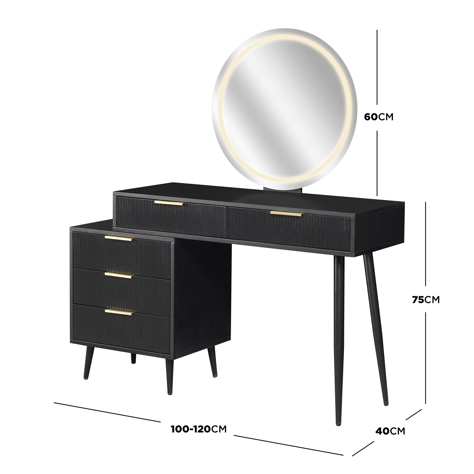 Serenity Makeup Vanity Table with LED Touch Mirror in Black features a sleek design with fluted drawers, gold-tone handles, a round LED-lit mirror, and tapered legs, combining modern elegance and functionality.