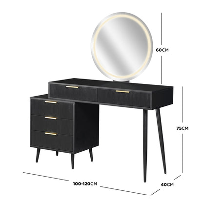 Serenity Makeup Vanity Table with LED Touch Mirror in Black features a sleek design with fluted drawers, gold-tone handles, a round LED-lit mirror, and tapered legs, combining modern elegance and functionality.