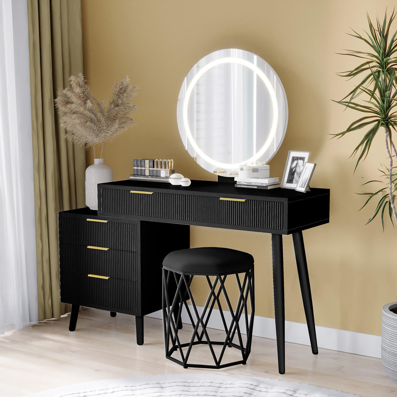 Serenity Paisley Makeup Vanity Table Stool Set in Black – Luxo