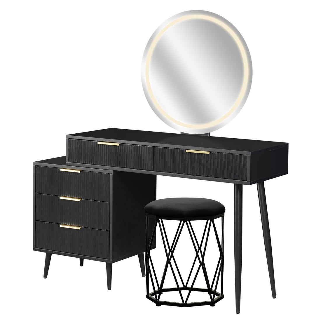 Serenity & Paisley Makeup Vanity Table & Stool Set in Black features a sleek vanity with fluted drawers, brass-tone handles, a round LED mirror, and a geometric-based stool, offering modern elegance.