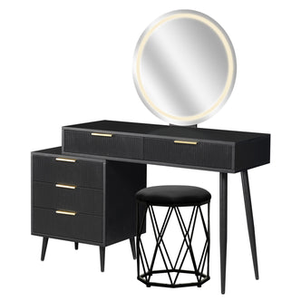 Serenity & Paisley Makeup Vanity Table & Stool Set in Black features a sleek vanity with fluted drawers, brass-tone handles, a round LED mirror, and a geometric-based stool, offering modern elegance.