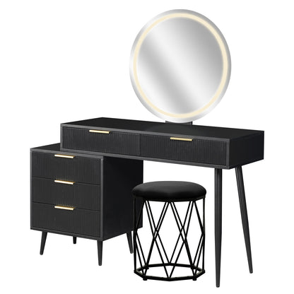Serenity & Paisley Makeup Vanity Table & Stool Set in Black features a sleek vanity with fluted drawers, brass-tone handles, a round LED mirror, and a geometric-based stool, offering modern elegance.