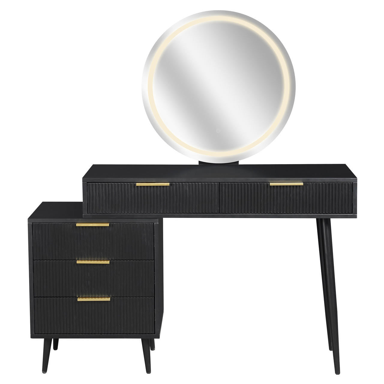 Serenity & Paisley Makeup Vanity Table & Stool Set in Black features a modern black vanity with LED back-lit round mirror, gold-tone handles, tapered legs, and a plush velvet stool.