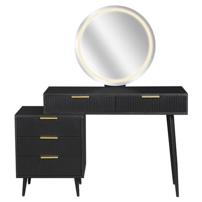 Serenity & Paisley Makeup Vanity Table & Stool Set in Black features a modern black vanity with LED back-lit round mirror, gold-tone handles, tapered legs, and a plush velvet stool.