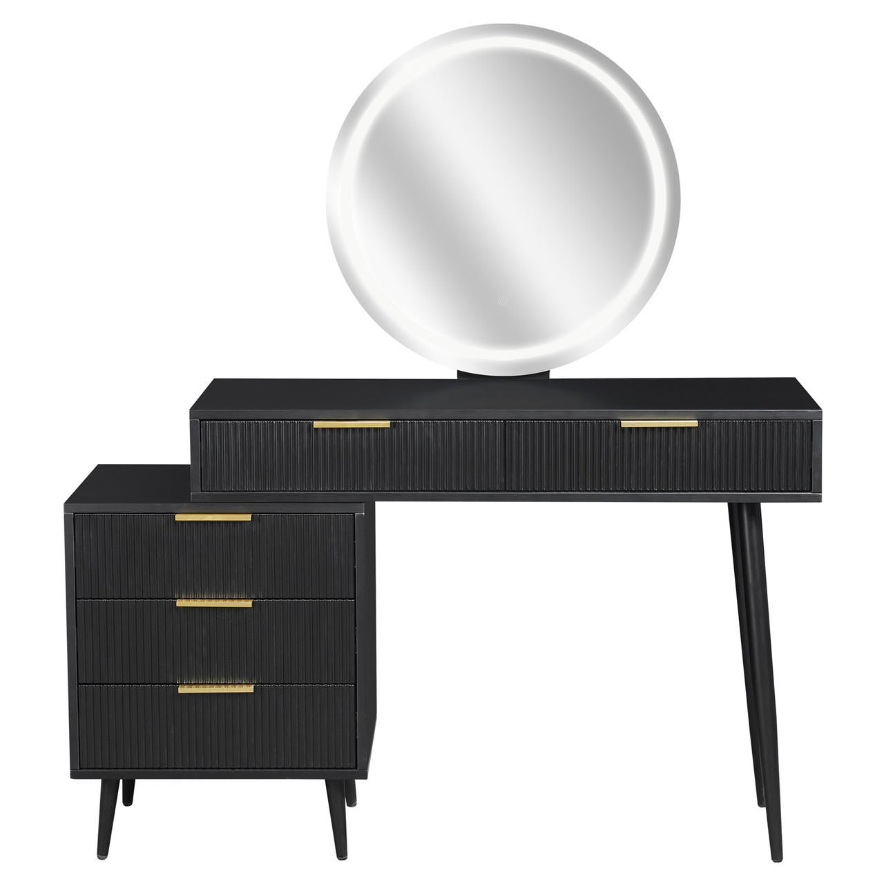 Serenity & Paisley Makeup Vanity Table & Stool Set in Black features a matte black table with a round LED mirror, gold-tone drawer pulls, and a plush velvet stool, exuding modern elegance.