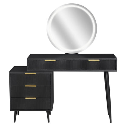 Serenity & Paisley Makeup Vanity Table & Stool Set in Black features a matte black table with a round LED mirror, gold-tone drawer pulls, and a plush velvet stool, exuding modern elegance.