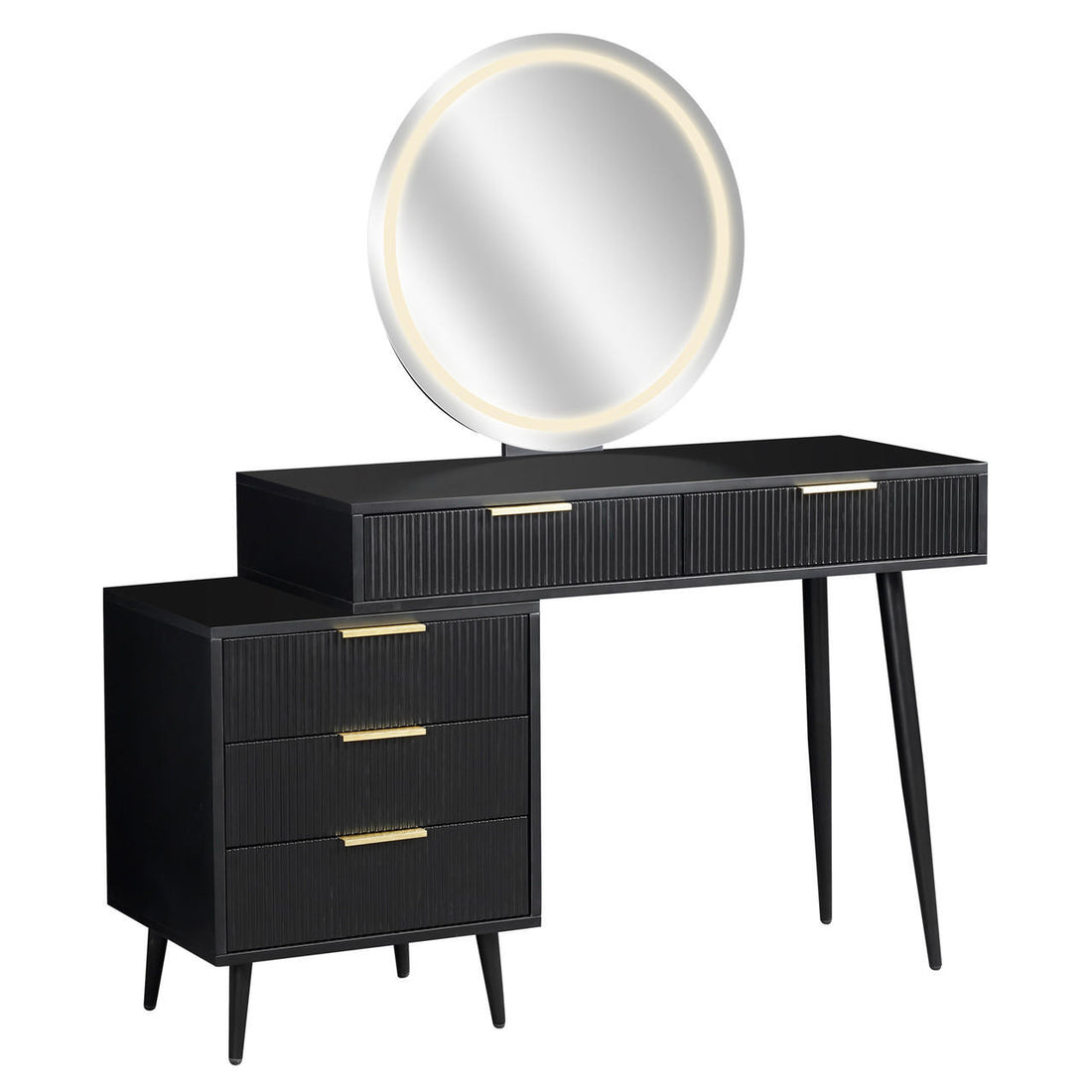Serenity & Paisley Makeup Vanity Table & Stool Set in Black features a modern black vanity with brass-tone pulls, LED-lit mirror, and tapered legs paired with a plush velvet round stool.
