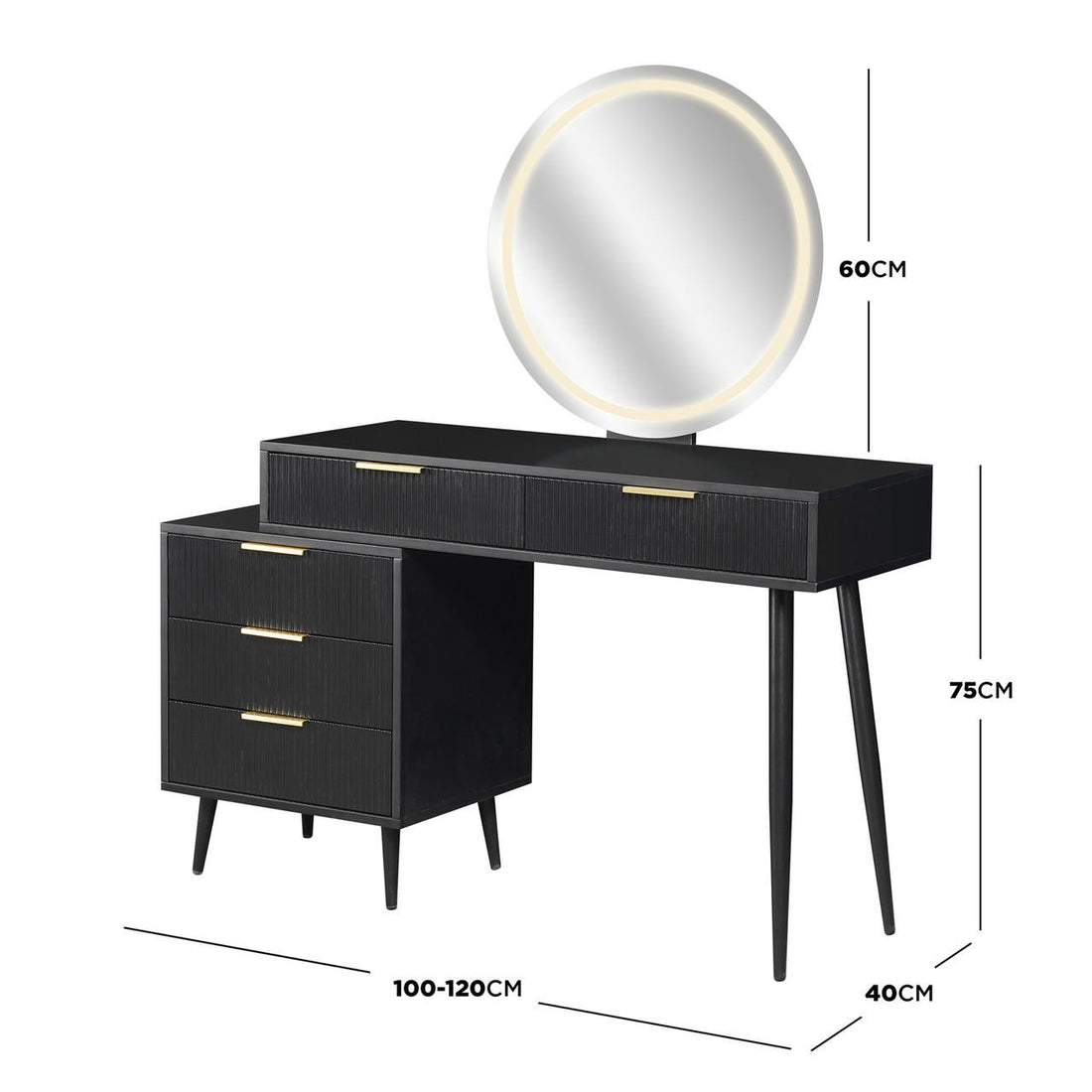 Serenity & Paisley Makeup Vanity Table & Stool Set in Black features a round LED mirror, extendable width, five drawers, and a plush velvet stool, blending modern elegance with practical storage.