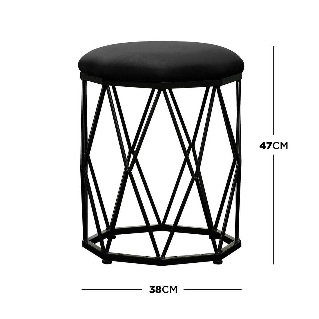 Serenity & Paisley Makeup Vanity Table & Stool Set in Black features a modern stool with a geometric metal-wire base and a round, padded seat upholstered in black fabric, measuring 38 cm diameter, 47 cm tall.