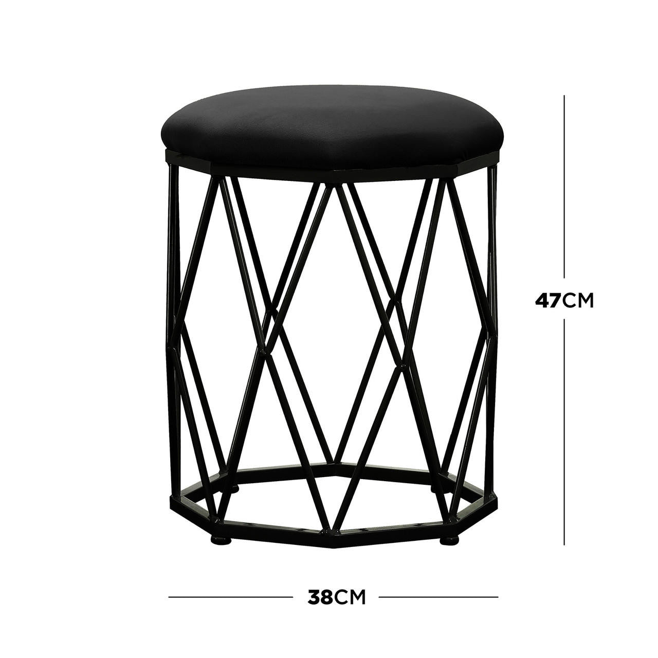 Serenity & Paisley Makeup Vanity Table & Stool Set in Black features a modern stool with a geometric metal-wire base and a round, padded seat upholstered in black fabric, measuring 38 cm diameter, 47 cm tall.