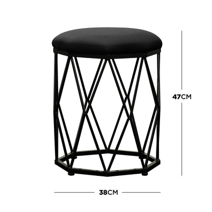 Serenity & Paisley Makeup Vanity Table & Stool Set in Black features a modern stool with a geometric metal-wire base and a round, padded seat upholstered in black fabric, measuring 38 cm diameter, 47 cm tall.