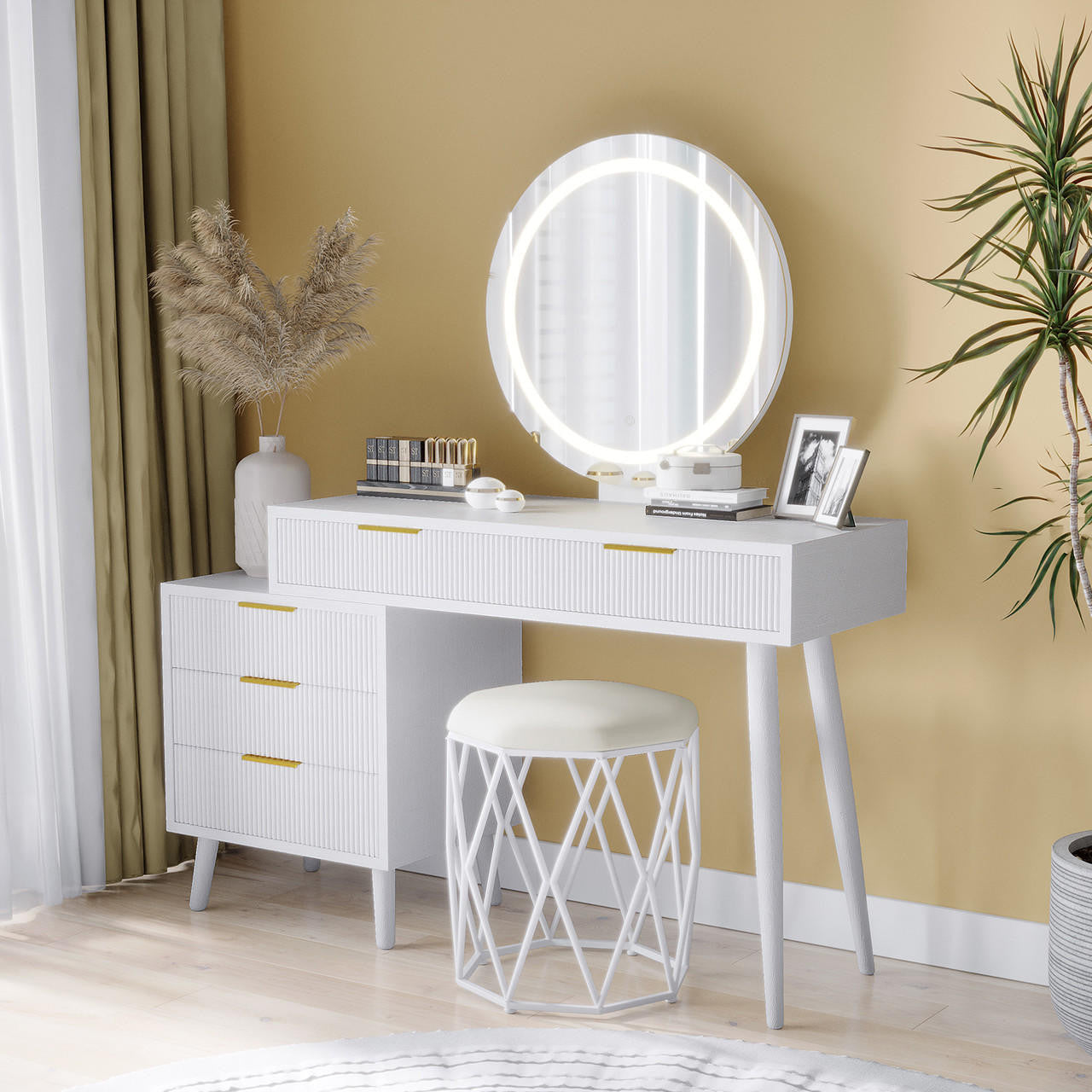 Serenity & Paisley Makeup Vanity Table & Stool Set in White features a white wooden vanity with ribbed drawers, LED mirror, and a matching stool with a geometric base, surrounded by cosmetics and decor.