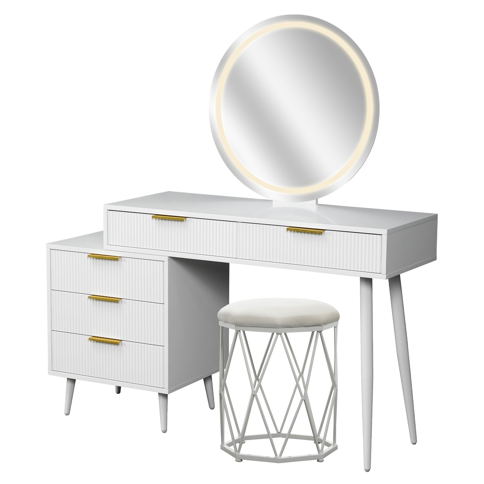 Serenity & Paisley Makeup Vanity Table & Stool Set in White features a sleek tabletop with gold-tone drawer pulls, a back-lit round mirror, and a matching geometric metal-frame stool with padded cushion.