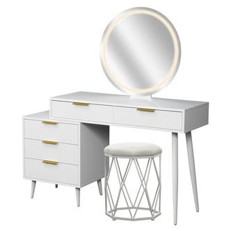 Serenity & Paisley Makeup Vanity Table & Stool Set in White features a sleek tabletop with gold-tone drawer pulls, a back-lit round mirror, and a matching geometric metal-frame stool with padded cushion.